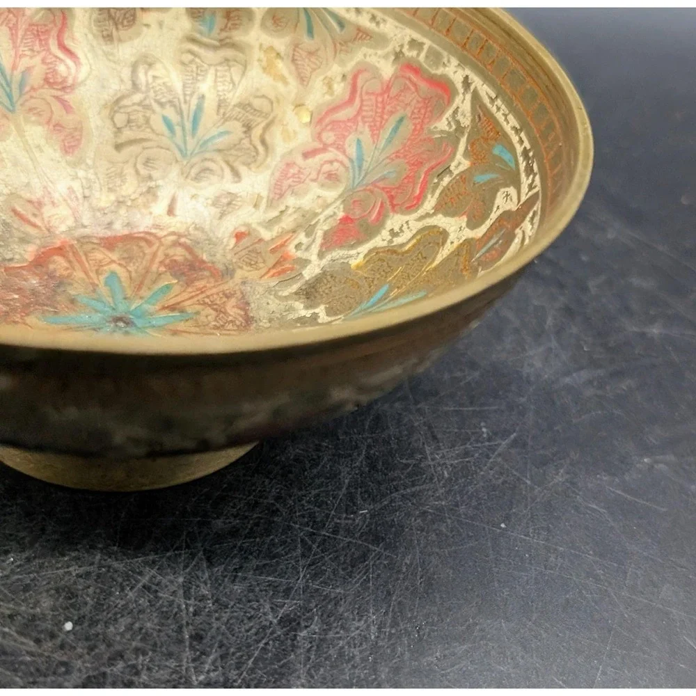 Vintage Hand Painted Brass Floral Bowl Footed Trinket Dish Red Turquoise Gold 3